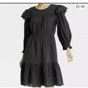 Universal Thread Women's Medium Ruffle Long Sleeve Dress Black W/Pockets NWOT